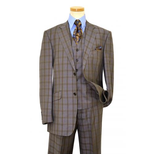 Statement Confidence Pebble Grey With Taupe / Light Blue Plaid Design Super 150's Wool Vested Suit TZ-813